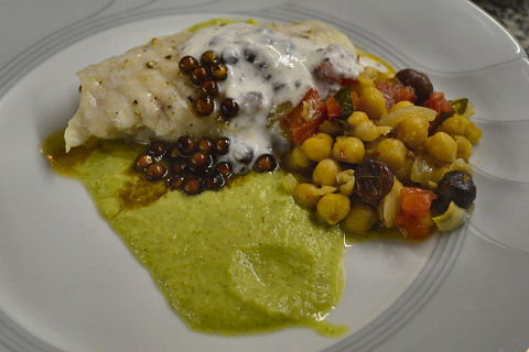 Grouper with Zucchini Puree and Chickpea Sofreito