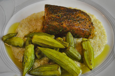 Blackened Salmon, Quinua, Okra