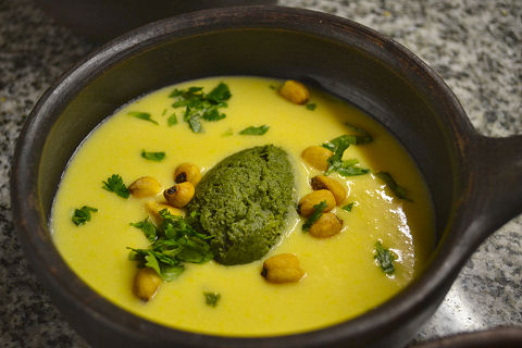 Chilled corn soup, spinach sorbet