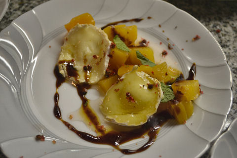 Caramelized Goat Cheeses and Stewed Peaches