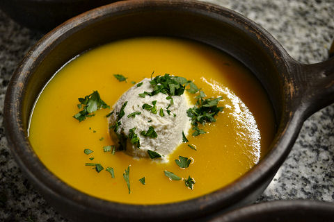 Chilled Carrot Soup, Garam Masala Ice Cream