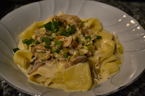 Papardelle with Mushroom Green Olive Cream