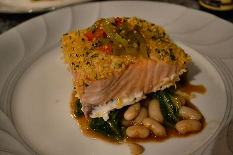 Salmon, white beans and napa cabbage, kiwi relish