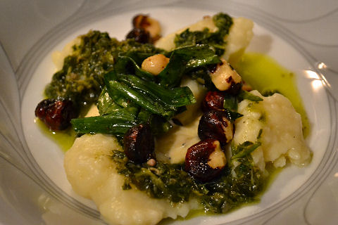 Gnocchi with salsa verde, hazelnuts, green onions