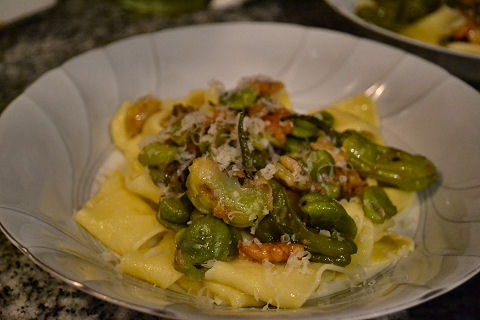 Pappardelle with favas, padron peppers, walnuts