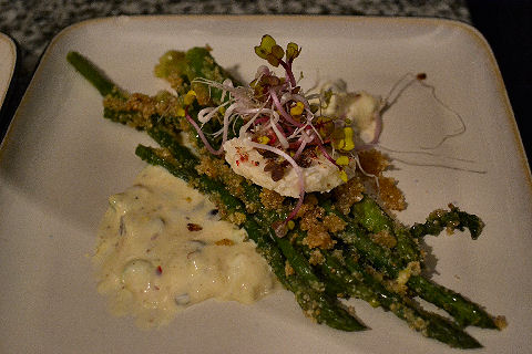 Warm asparagus with deviled egg sauce