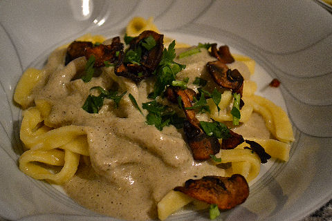 Umbricelli with Mushroom Green Olive Cream Sauce