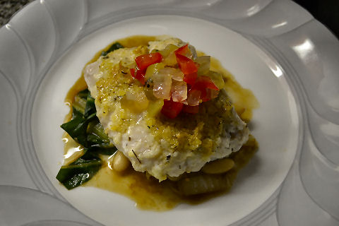 Grouper with white bean medley, kiwi relish