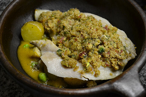 Palometa with bacon green olive crust