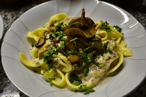 Umbricelli with Mushroom Green Olive Cream