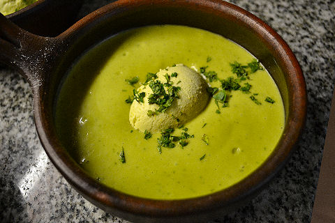 Chilled Guacamole Soup with Roasted Corn Gelato