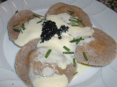 Buckwheat Panzotti with caviar and sour cream