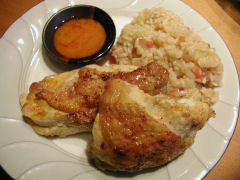 Chicken with homemade hot sauce and five-spice rice