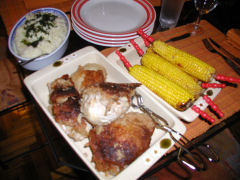 Fried chicken, roast corn, mashed potatoes