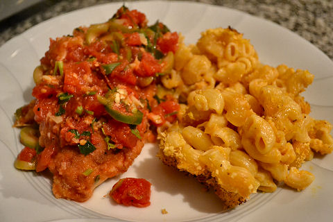Spicy Green Olive Chicken with Mac & Cheese