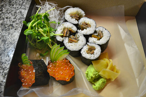 Koi Sushi Bar - salmon skin roll and ikura