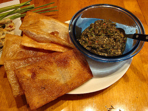 Fried bread and charred eggplant dip