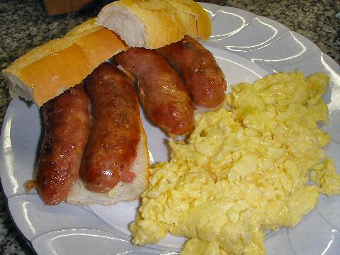 Freshly made chorizos and scrambled eggs