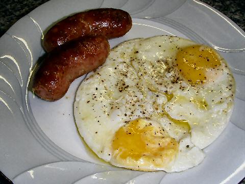 Freshly made chorizos and fried eggs