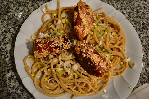 Sesame noodles with prosciutto wrapped turnips