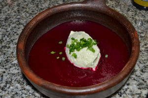 Chilled Beet Soup with Chili Scallion Gelato