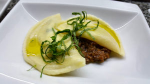 Cheese Ravioli with Peach & Pecan Sofrito 