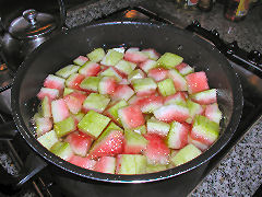 Cubed watermelon rind ready for blanching